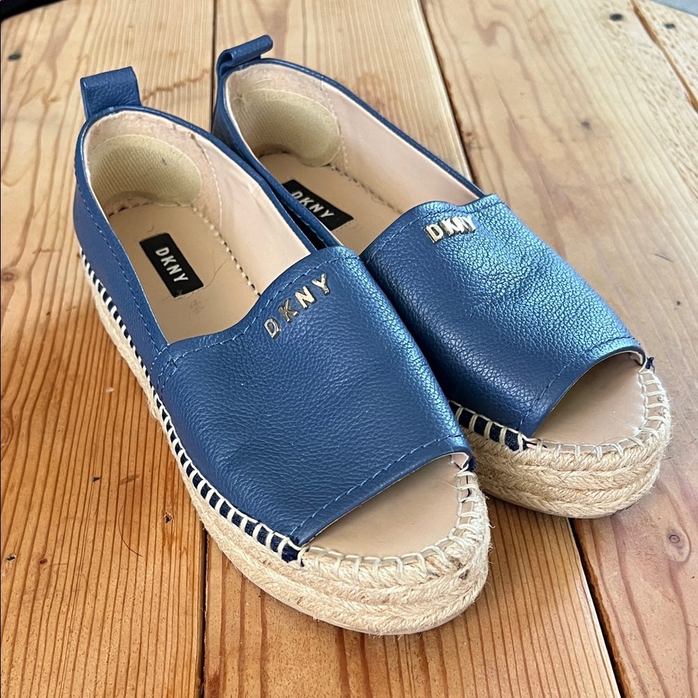 DKNY Navy Leather Espadrille Slide with Gold Logo